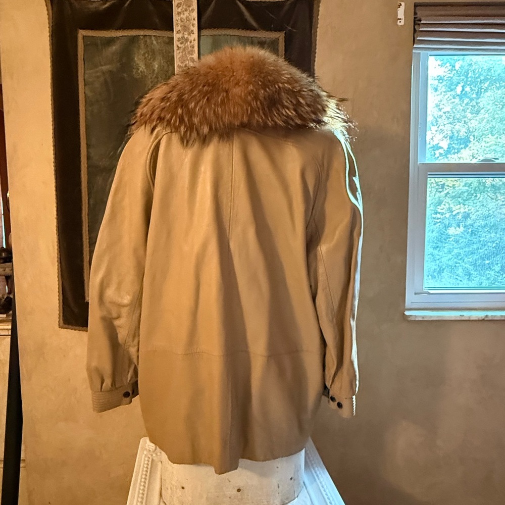 vintage 1980s Marvin Ri hard Tan Leather Jacket with Huge Fur Collar large - Picture 3 of 10